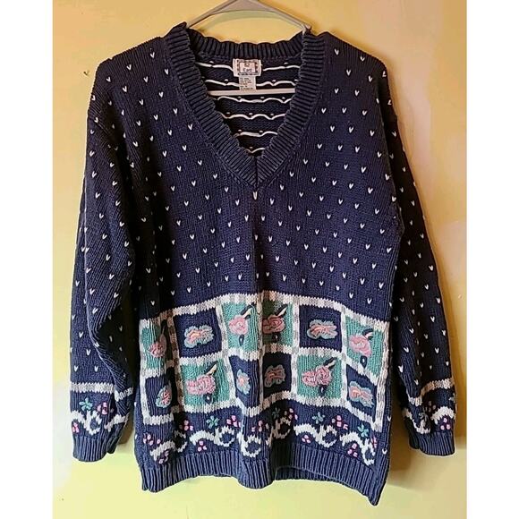 Vintage Women's Medium Heavy Knit V-neck Sweater Blue Hearts Flowers Grandma Mom - Picture 1 of 5